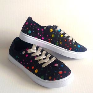 NWOT FabKids, black sneakers with multicolored circles size 4